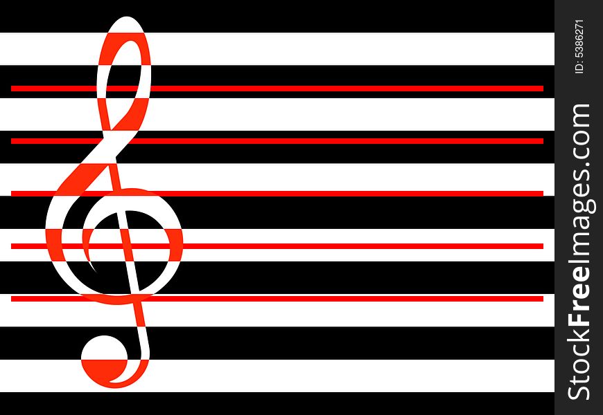 Treble clef on a background from black and white strips