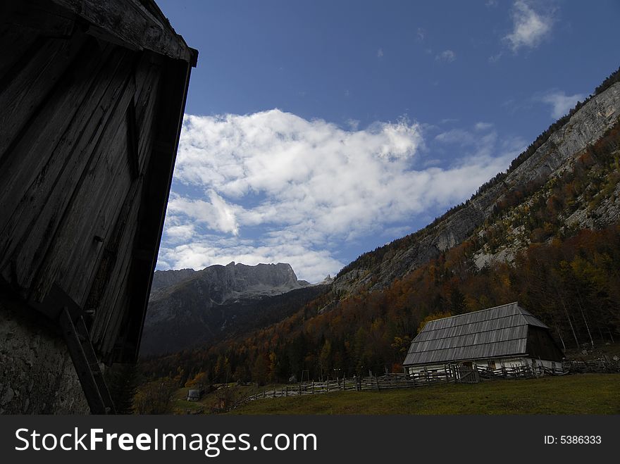 Tradtional alpine houses in a beautiful Julian Alps
