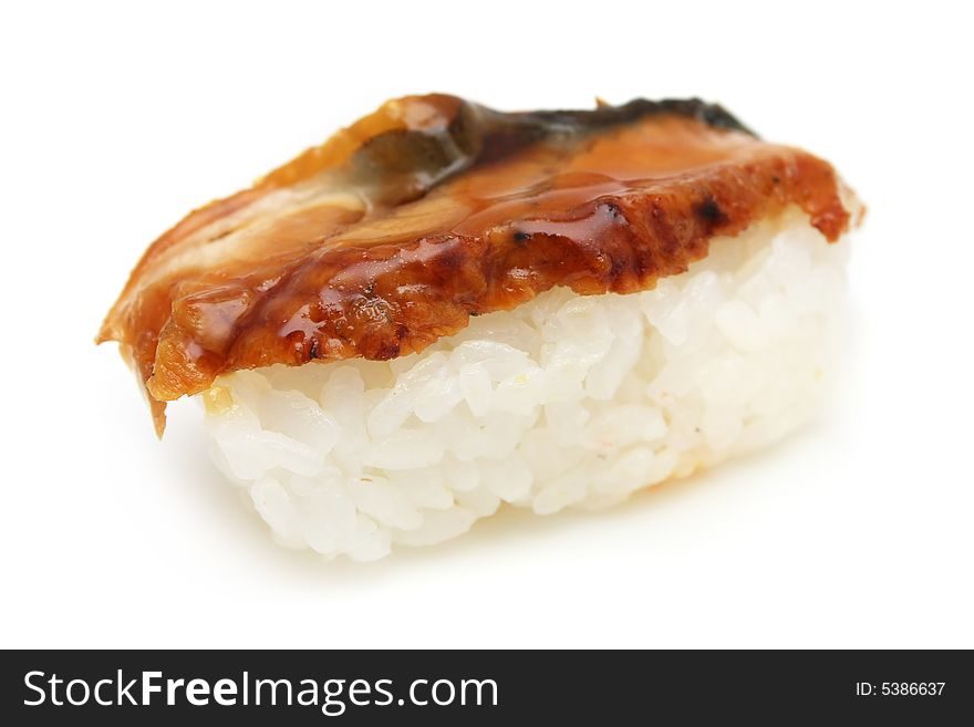A barbecued salmon sushi on white background.