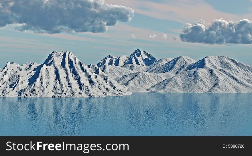 Snow peak mountains on a blue sea - 3d scene.