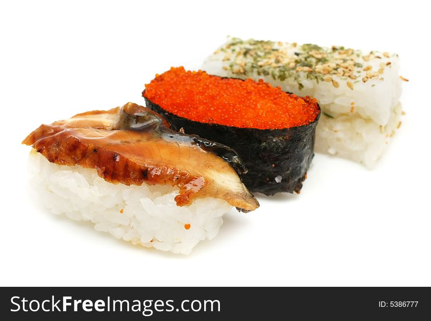 Three different Japanese Sushi on white background. Three different Japanese Sushi on white background.