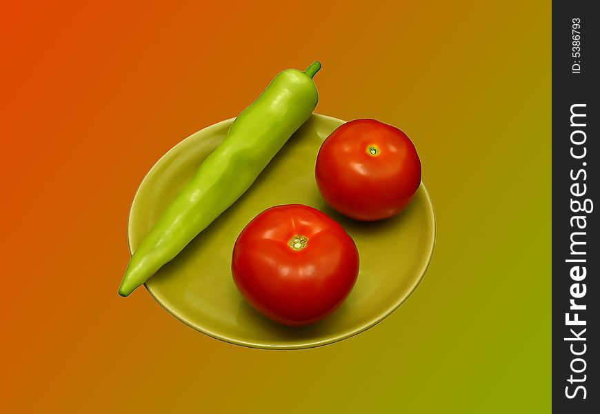 Photo of green chili pepper and red tomatoes. Photo of green chili pepper and red tomatoes
