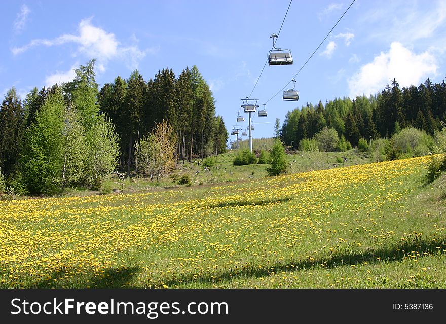 Cable car in summer Alps. Cable car in summer Alps