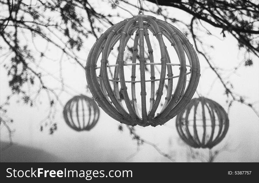 Wooden globes hanging from trees in city park. Wooden globes hanging from trees in city park