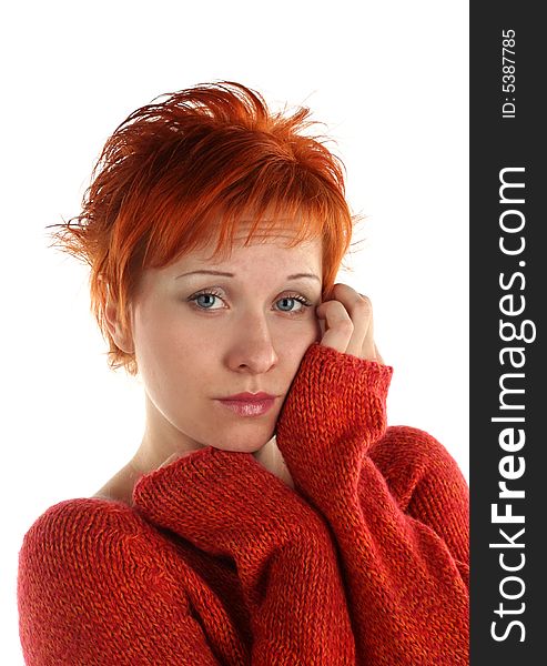 Sad red haired woman isolated on white background