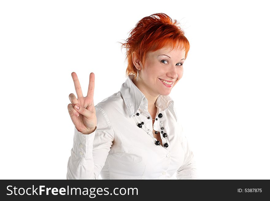 Happy lucky young woman with Victory gesture