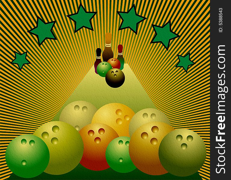 Abstract illustration with green stars, colored bowling balls and skittles