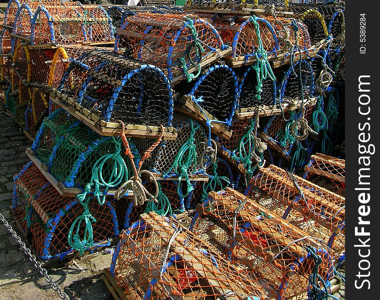 New Lobster Pots at the dockside  ready for shipping to sea to be dropped to the sea floor.