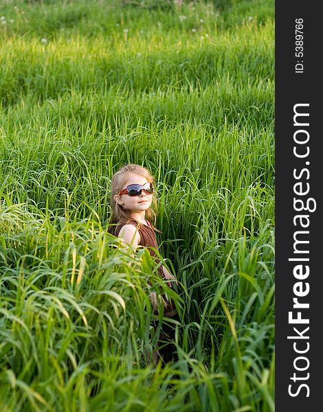 The child in a high marsh grass. The child in a high marsh grass