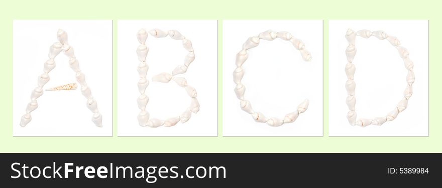 Seashell letters on white background, letter A,B,C,D. Seashell letters on white background, letter A,B,C,D
