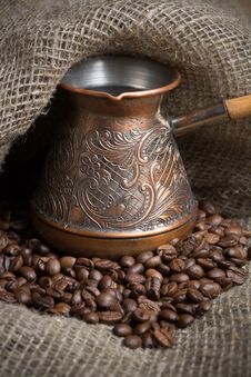 Cezve With Freshly Roasted Coffee Beans Royalty Free Stock Photography Cezve With Freshly Roasted Coffee Beans Royalty Free Stock Photography