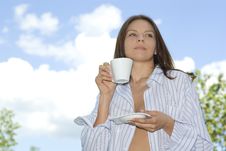 Young Woman Relaxing, Drinking Coffee At Mountain Stock Image Young Woman Relaxing, Drinking Coffee At Mountain Stock Image