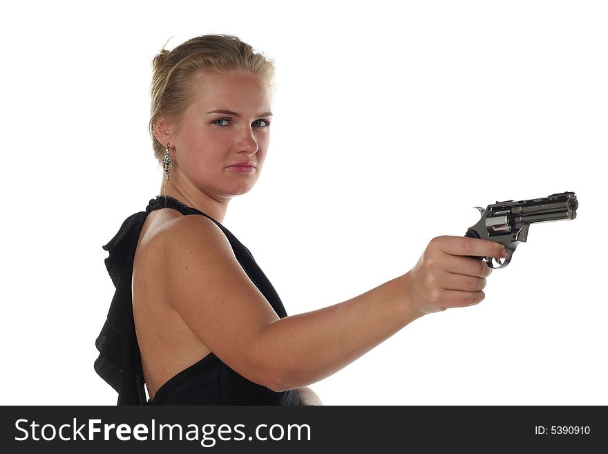 Young blond woman in black dress with revolver isolated on white background. Young blond woman in black dress with revolver isolated on white background