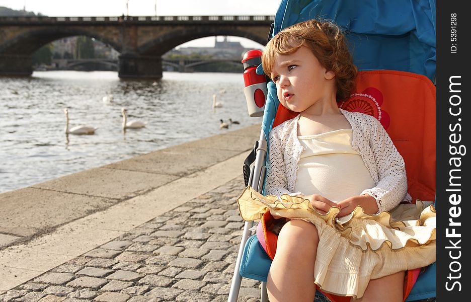 A little girl is sitting in a carriage on a river embankment and watching the swans.