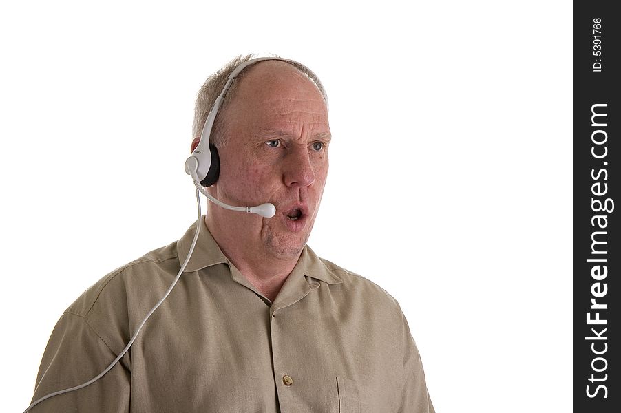 A customer service person in a telephone headset saying no. A customer service person in a telephone headset saying no