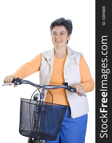 Senior woman on cycle isolated on white background