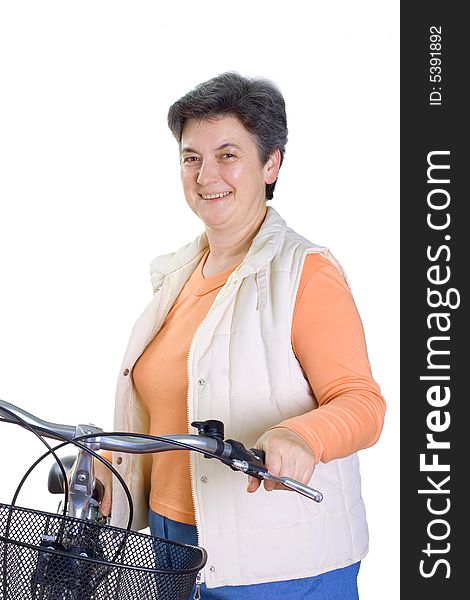 Senior woman on cycle isolated on white background
