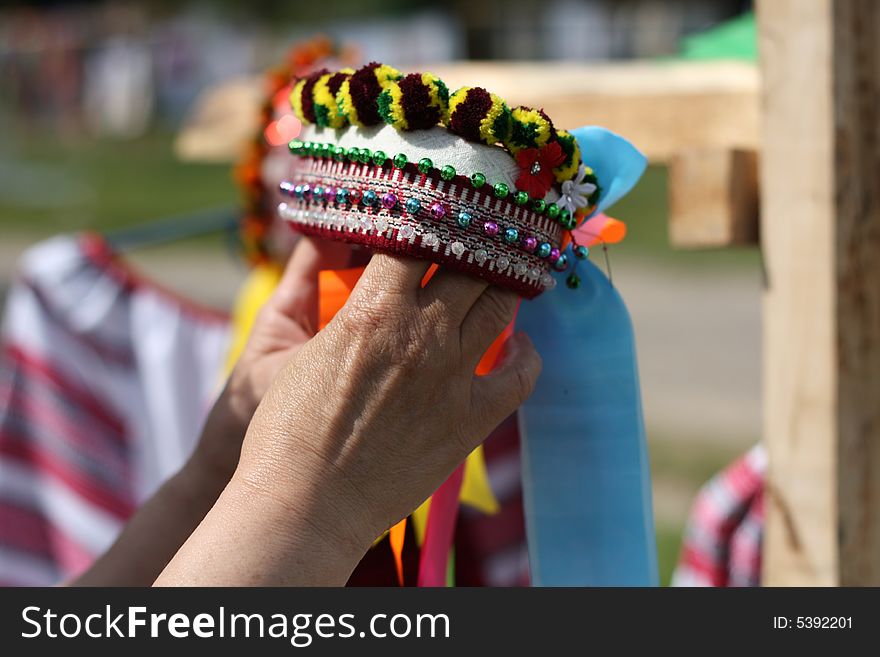 Traditional national ukranian hat in hands