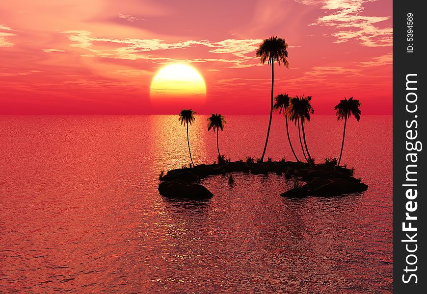 Sunset coconut palm trees on small island - 3d illustration.