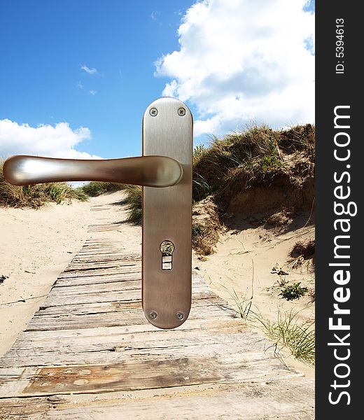 Metallic door lock on background of nature. Metallic door lock on background of nature