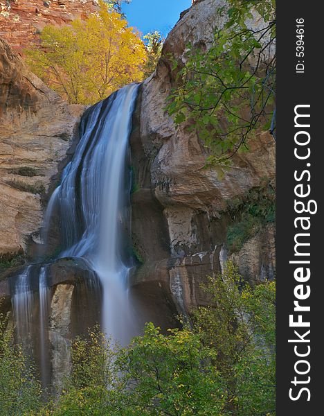 Lower Calf Creek Falls viewed over trees.