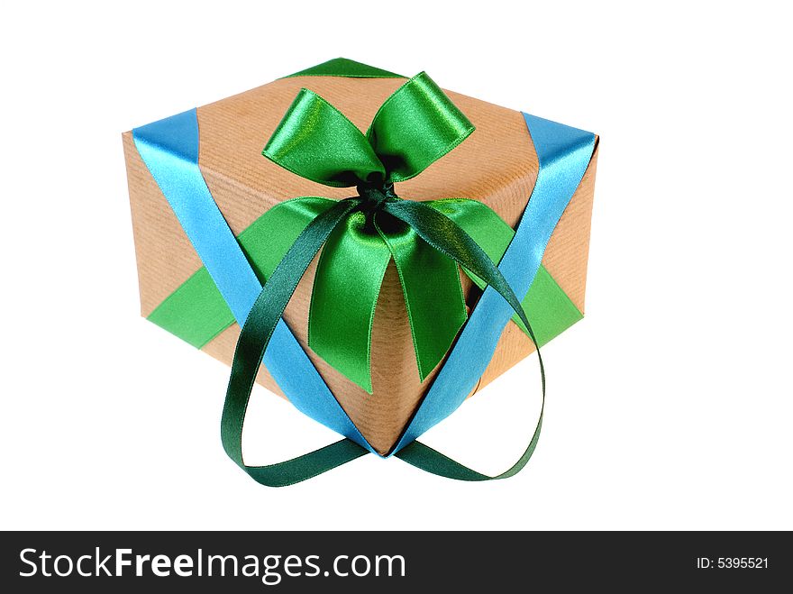 Grey package with colourful ribbons isolated on white background