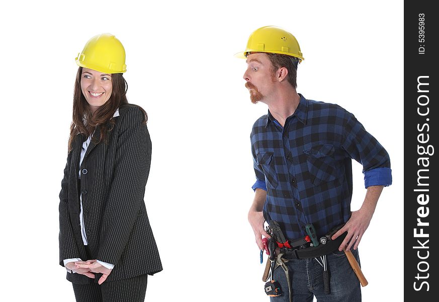 Businesswoman and construction worker , couple in passionate on workplace