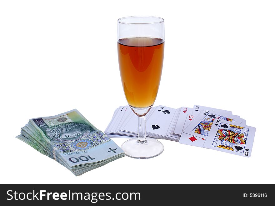 Standing glass among cards and money isolated on white background. Standing glass among cards and money isolated on white background