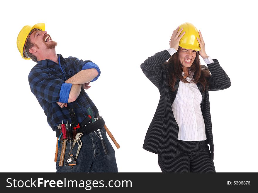 Construction worker tittering and angry businesswoman on white background. Construction worker tittering and angry businesswoman on white background