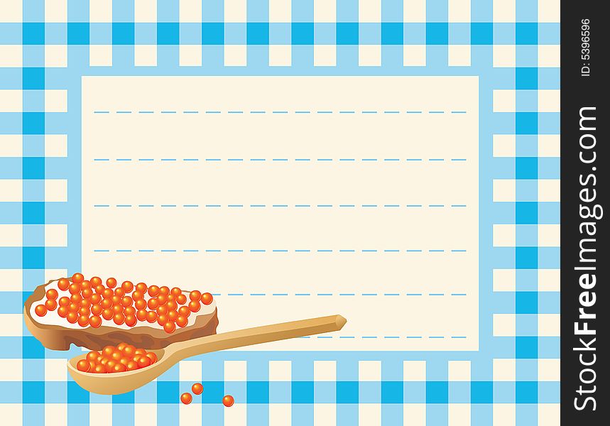 Spoon with red caviar and caviar sandwich on the blue  table-cloth chequered background. Spoon with red caviar and caviar sandwich on the blue  table-cloth chequered background