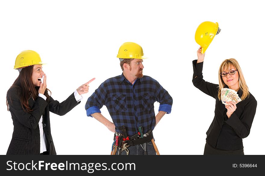 Businesswoman guffaw, construction worker jealous and businesswoman with earnings. Businesswoman guffaw, construction worker jealous and businesswoman with earnings