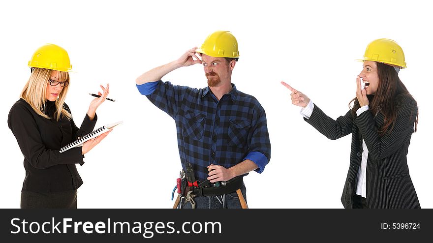 Businesswoman guffaw, construction worker and businesswoman with architectural plans. Businesswoman guffaw, construction worker and businesswoman with architectural plans