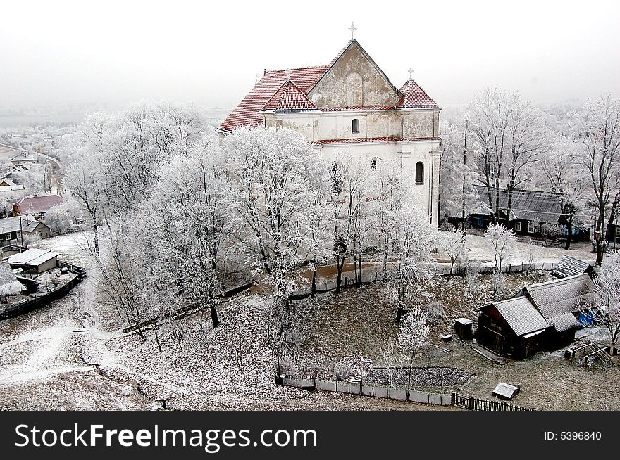 Hoarfrost church in old village