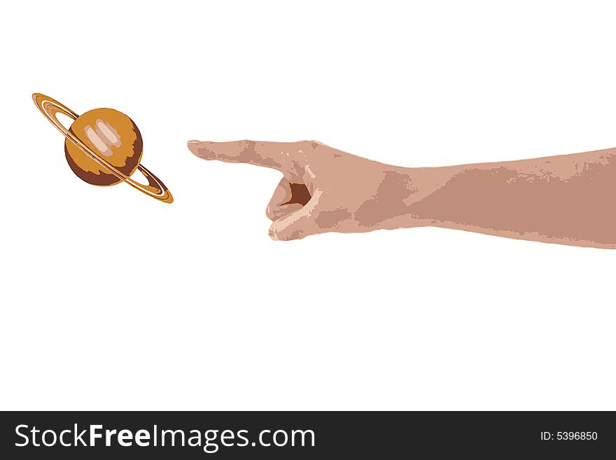 Finger point to saturn ,illustration. Finger point to saturn ,illustration