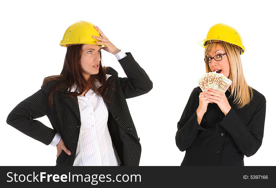 Architect jealous and businesswoman with earnings on white background. Architect jealous and businesswoman with earnings on white background