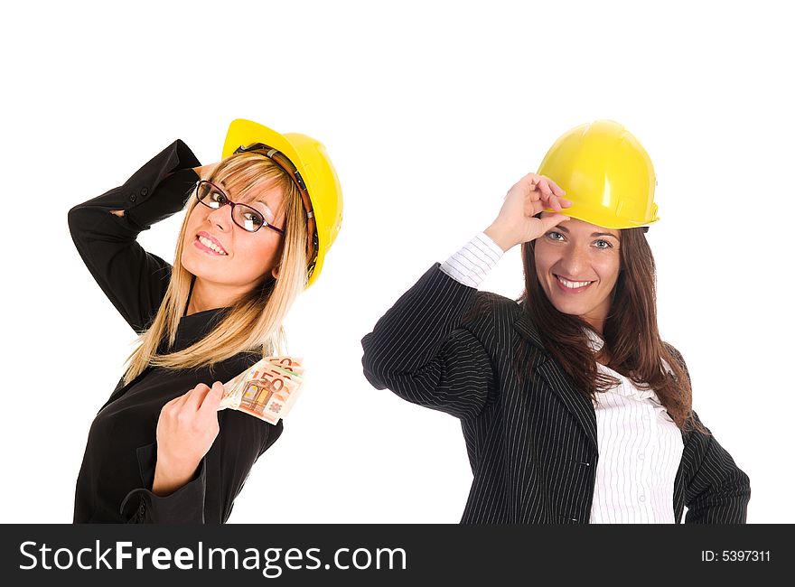 Two businesswoman with with earnings on white background