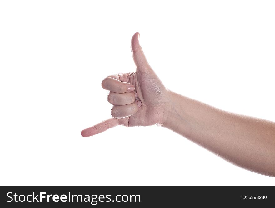 Hand gesture. Means phone. Isolated on white.