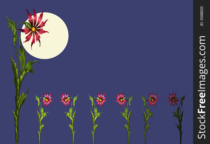 Floral wallpaper with brilliant red flowers and back with full moon. Floral wallpaper with brilliant red flowers and back with full moon
