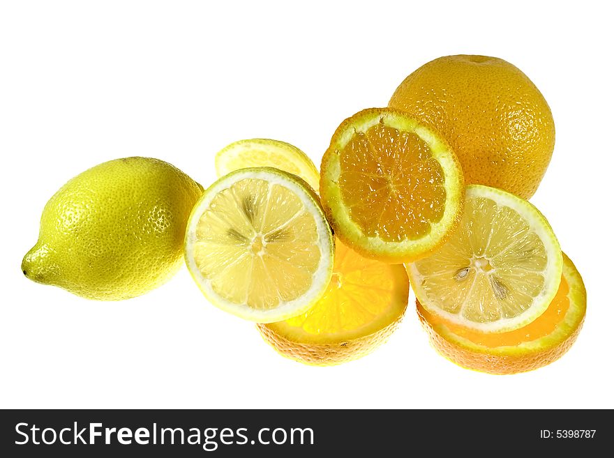 Orange and lemon on white background as sample of isolated images. Orange and lemon on white background as sample of isolated images
