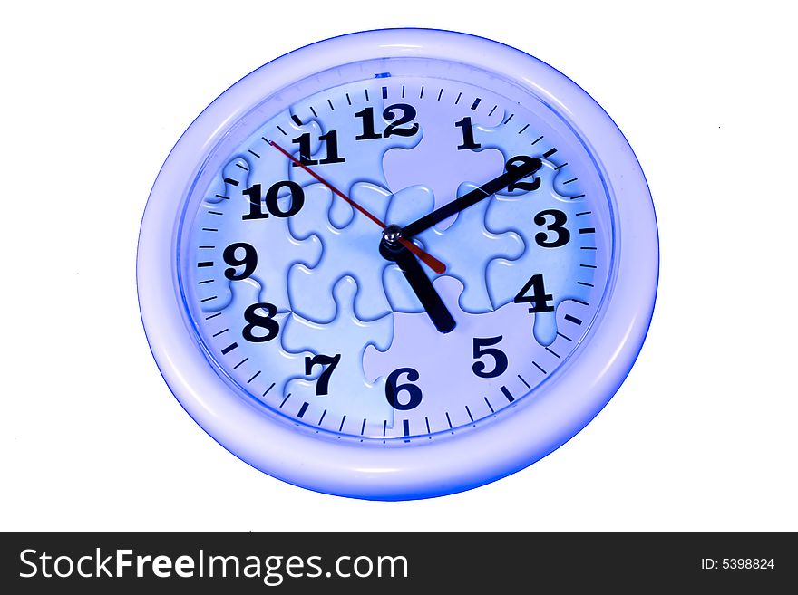 Blue clock wtih abstract puzzle design on white background as sample of my isolated images