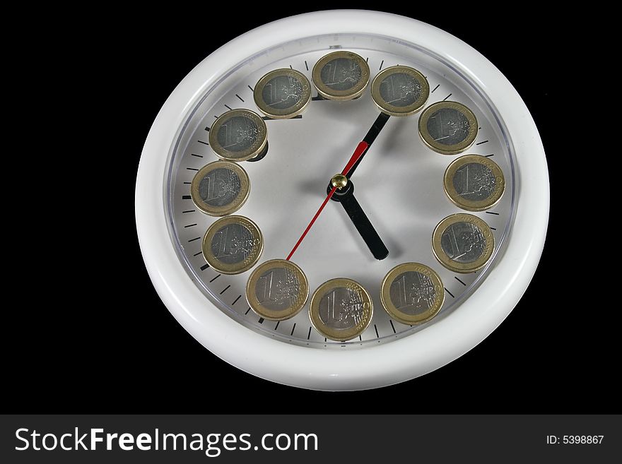 White clock and money on black background as symbol and sample for my isolated business and concept images. White clock and money on black background as symbol and sample for my isolated business and concept images