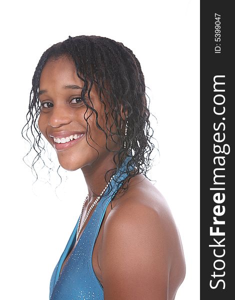 Bust style portrait of a pretty African American teen in a blue sparkly top. Bust style portrait of a pretty African American teen in a blue sparkly top.