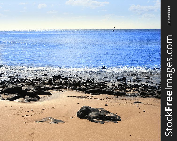 Canary Island Lanzarote, morning time on the beach and Atlantic ocean. Canary Island Lanzarote, morning time on the beach and Atlantic ocean