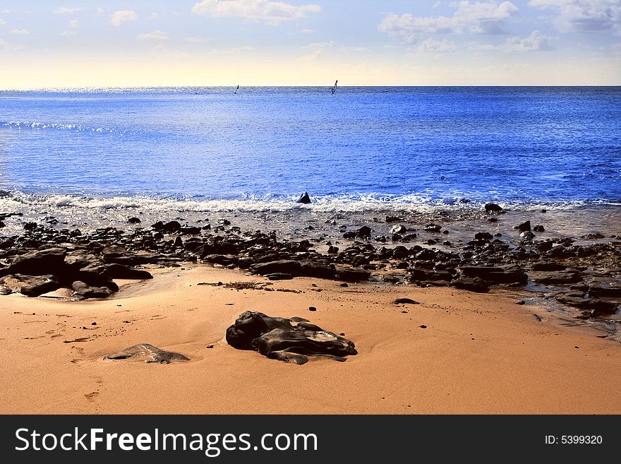 Canary Island Lanzarote, morning time on the beach and Atlantic ocean. Canary Island Lanzarote, morning time on the beach and Atlantic ocean