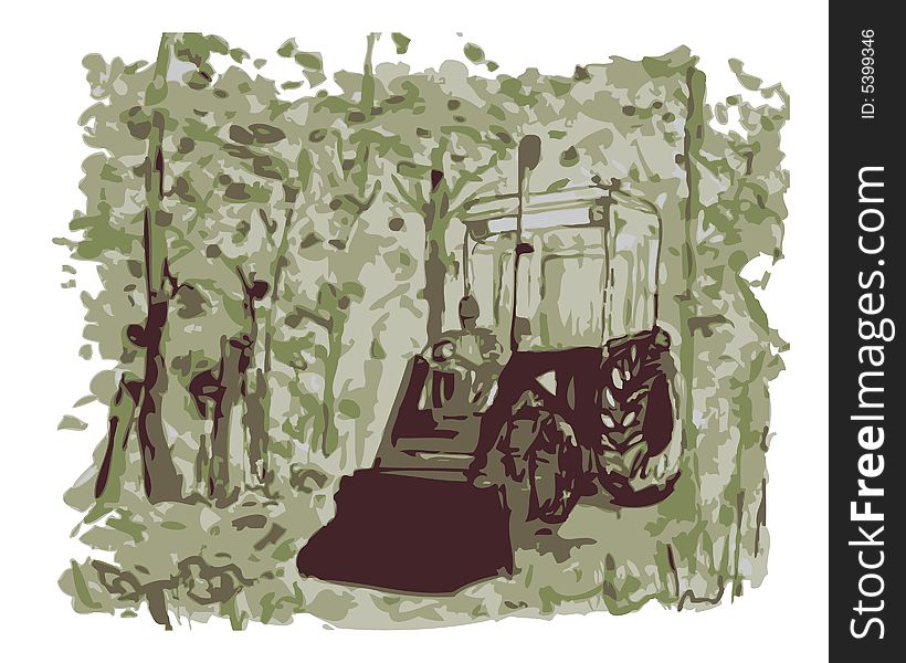 A vector illustration of a tractor in the woods. A vector illustration of a tractor in the woods.