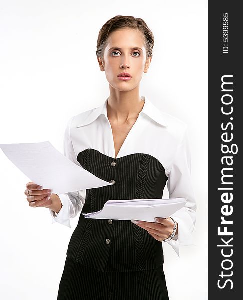 Attractive Fine business-lady holds a With sheets of a paper. Attractive Fine business-lady holds a With sheets of a paper