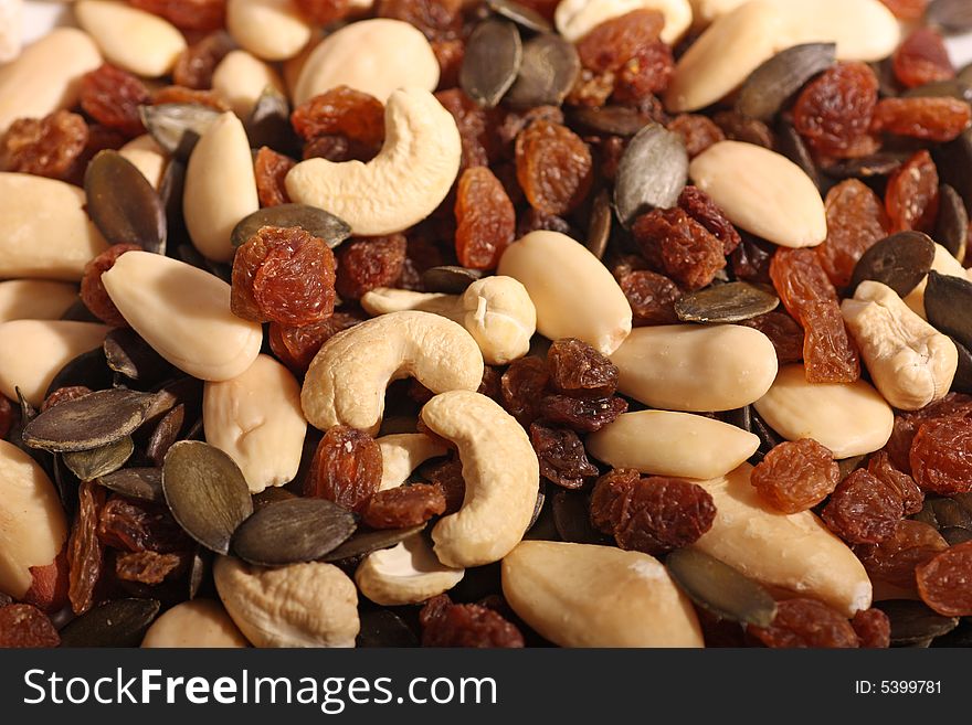 Raisins, cashew, pumpkin seed and paranuts .