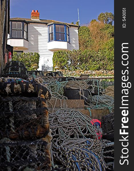 Fishermans house with lobster pots