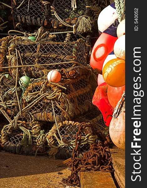 Lobster pots and colored floats. Lobster pots and colored floats