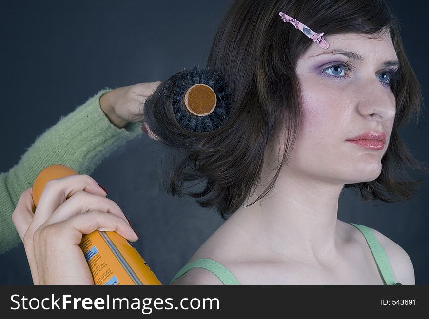 Woman, hair spray and hair brush. Woman, hair spray and hair brush